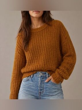 American Eagle AE Mustard Rust Tan Thick Knit Oversized Crewneck Sweatshirt L